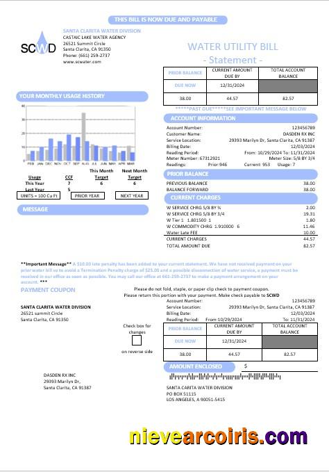 USA California Santa Clarita Water Division (SCWD) business utility bill